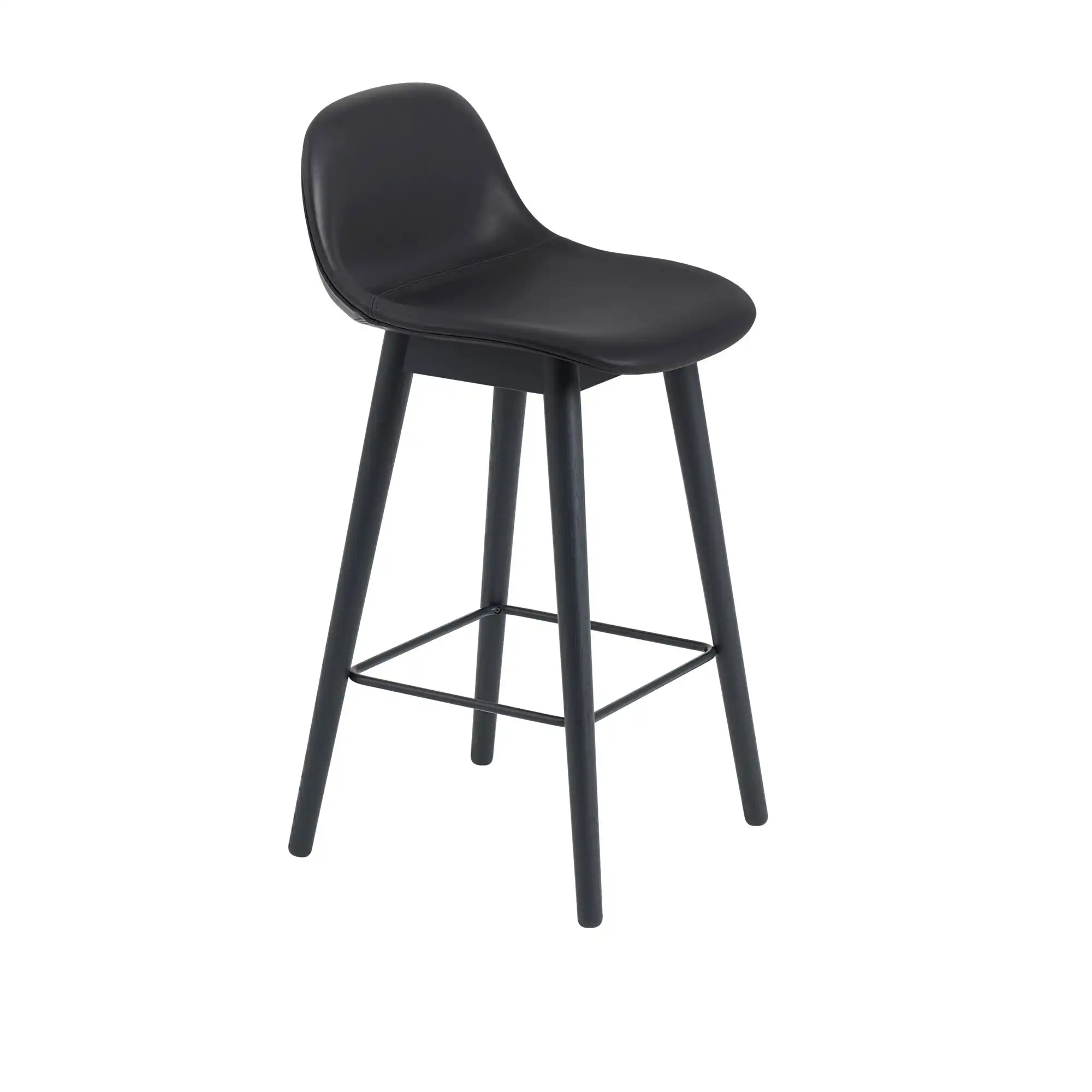 Fiber Bar Stool w.Backrest, Wood Base, H:65cm, Silk Leather - Black/Black