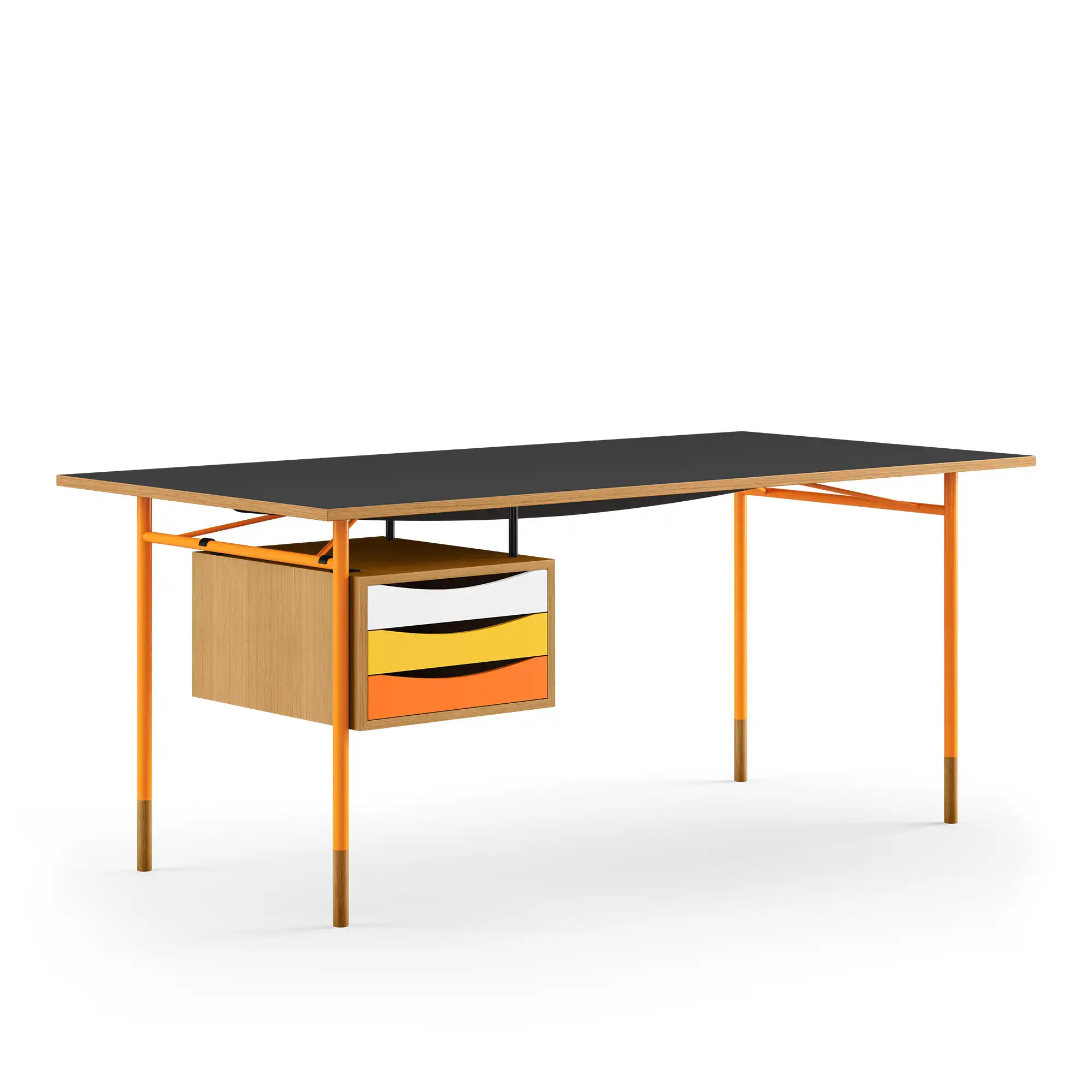 Nyhavn skrivbord 170 cm Warm med lådor Oak Dark Oil/Black linoleum Orange Steel Warm