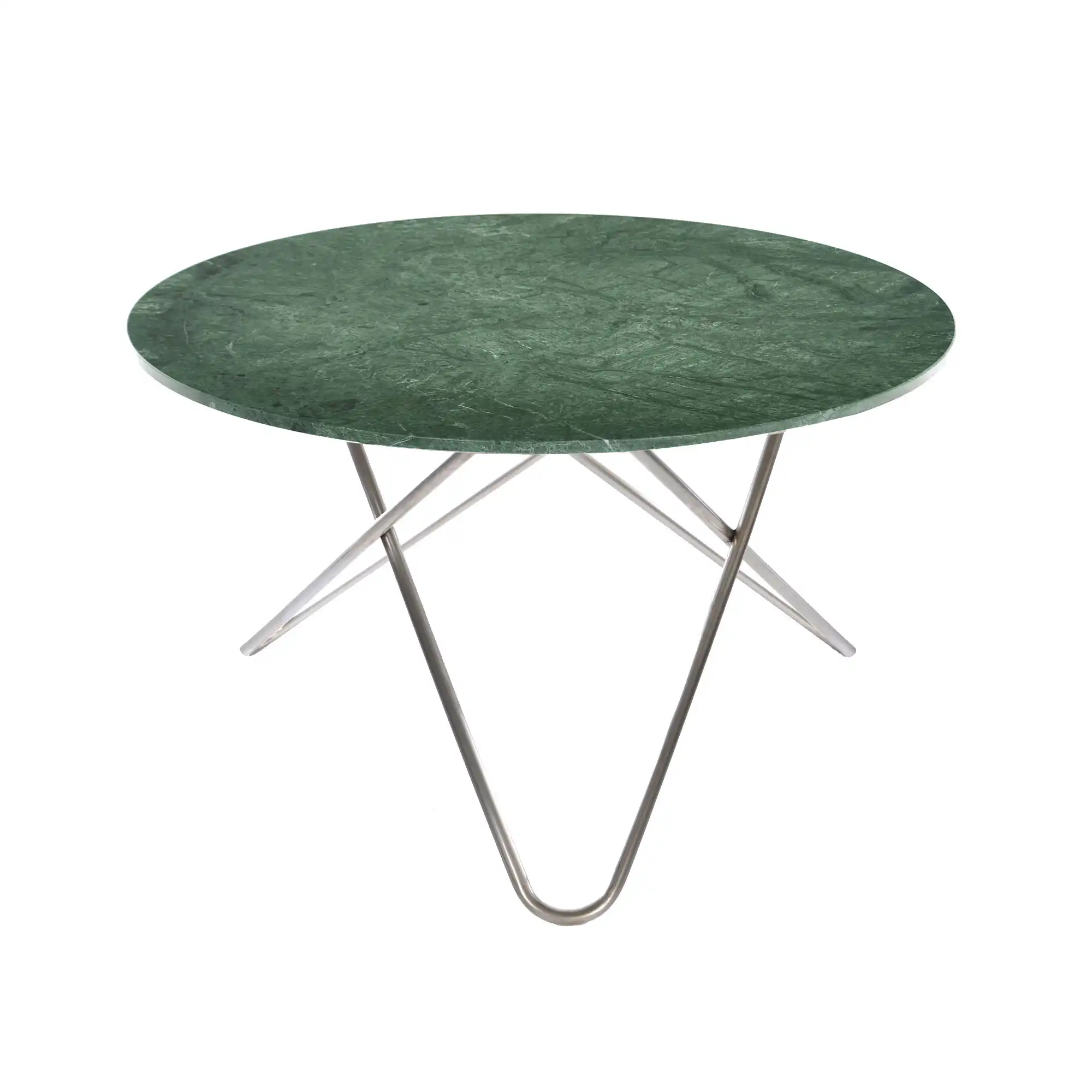 Big O Table, Stainless Steel Frame, Top: Green Marble