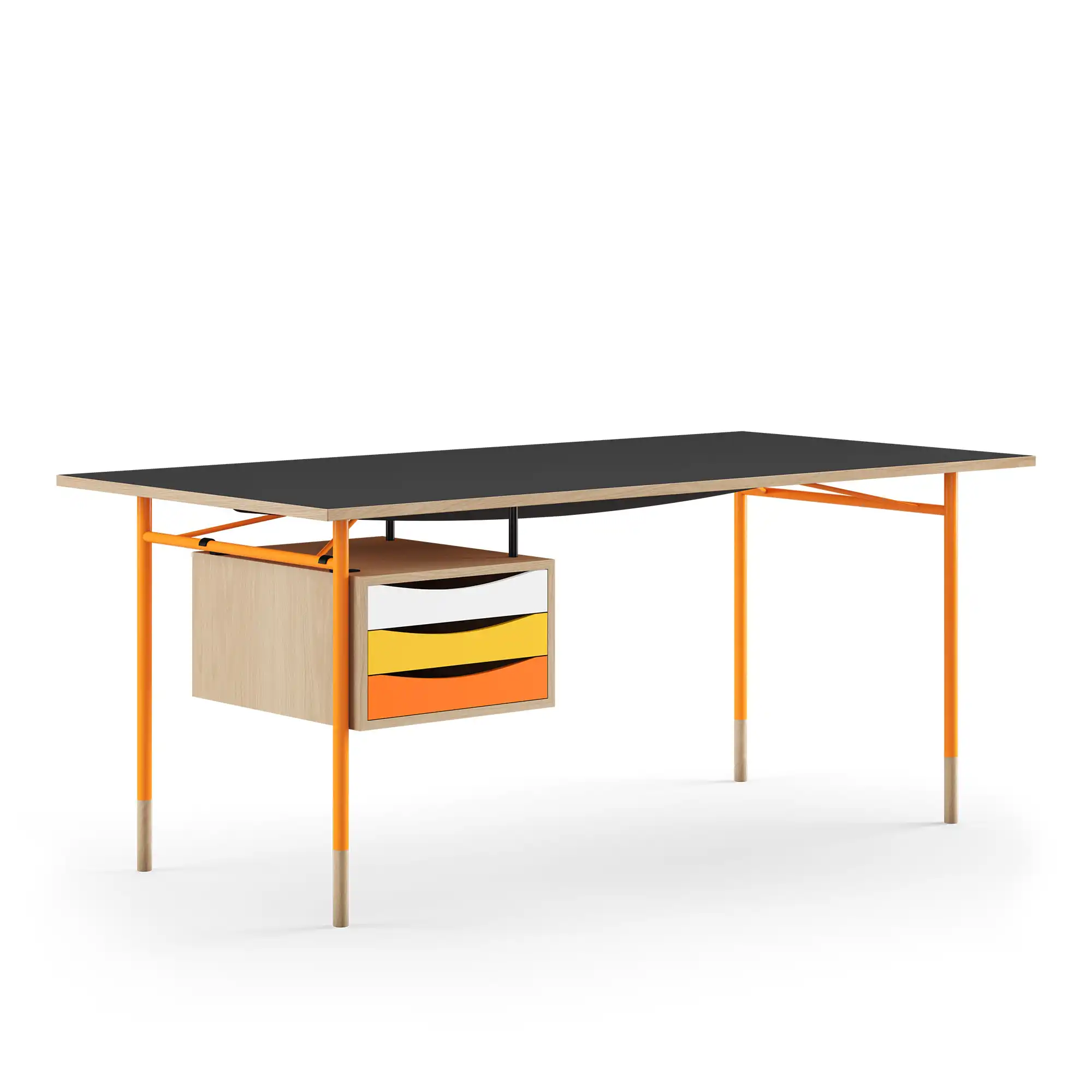 Nyhavn Desk, 190 cm, with Tray Unit, Oak, Orange Steel, Warm