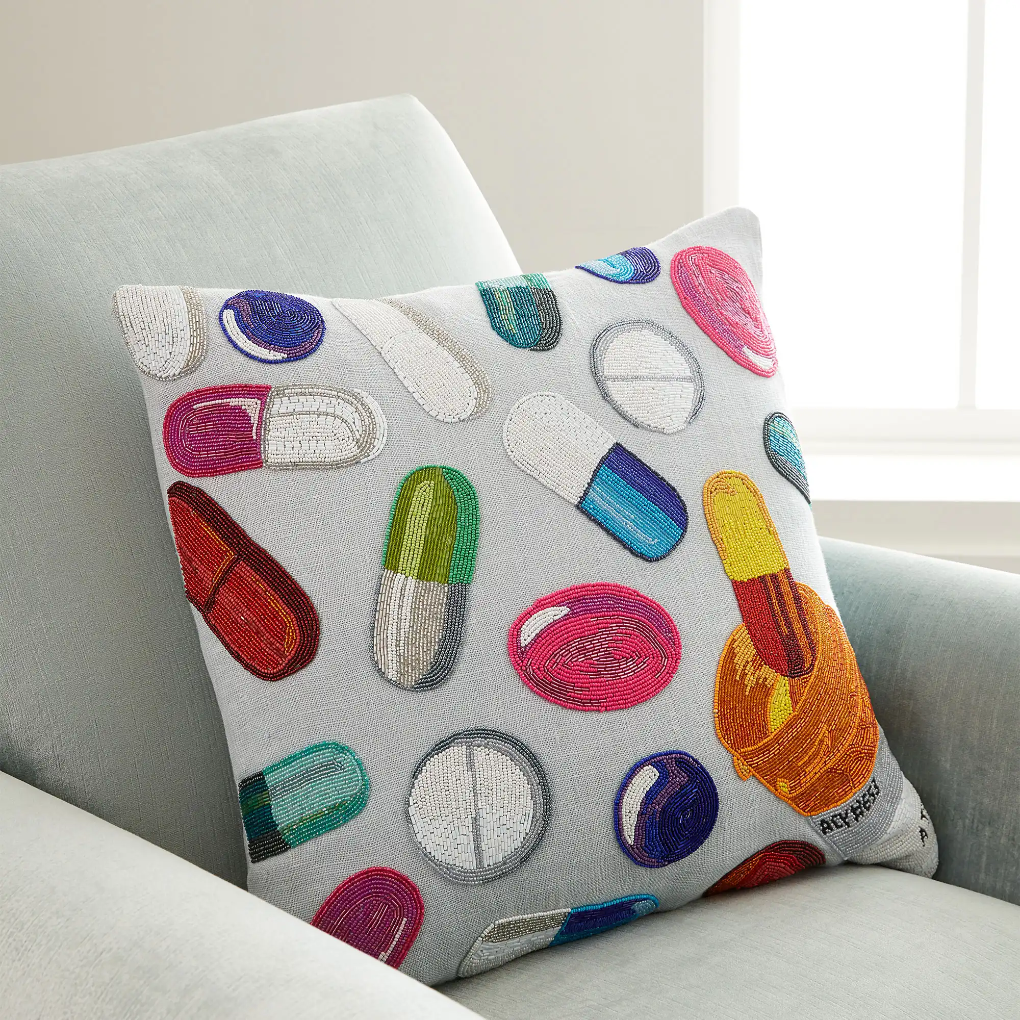 Happy Pills Beaded Pillow