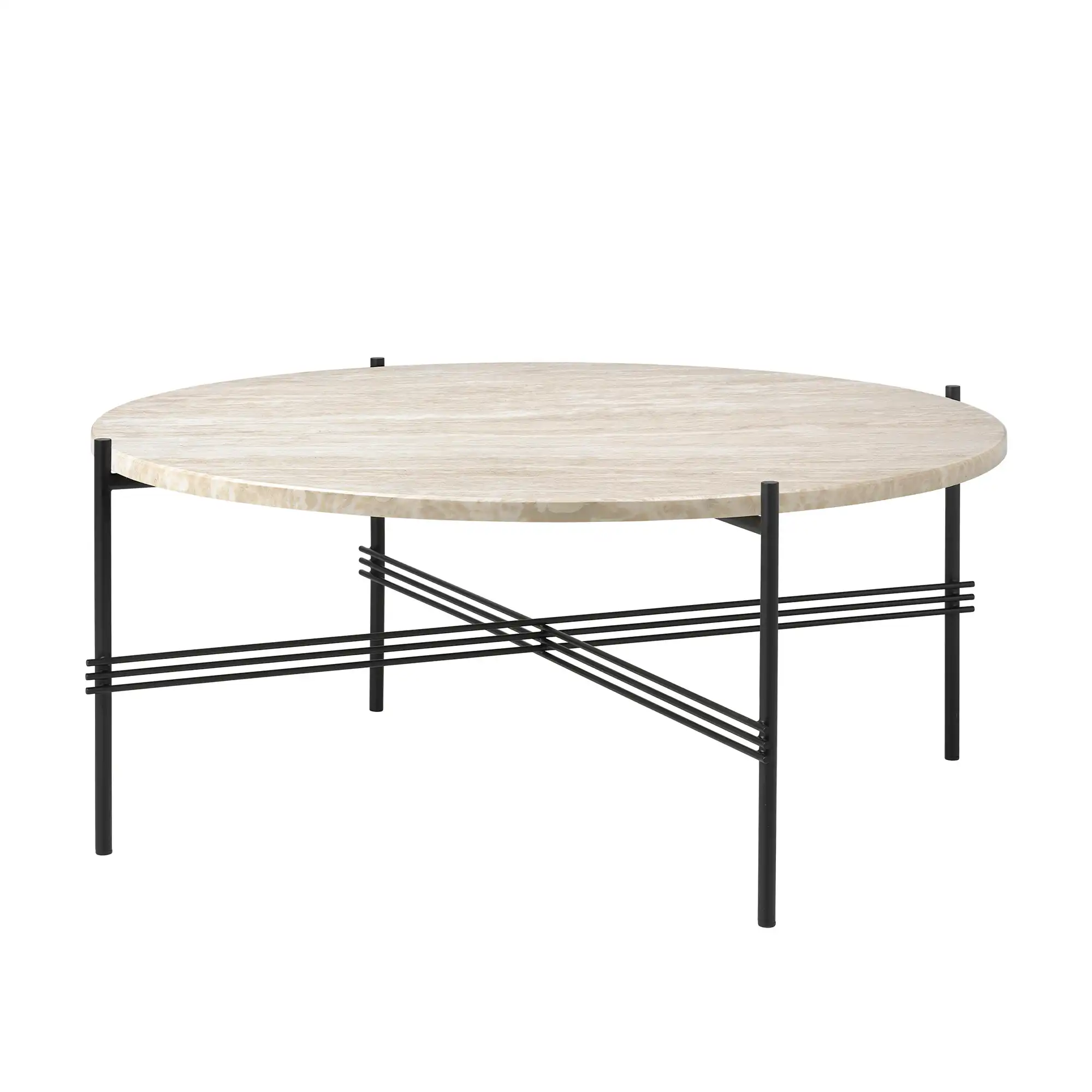 TS Outdoor Coffee Table - Round, Ø80 Classic Black Base, Table Top Neutral White Travertine Outdoor